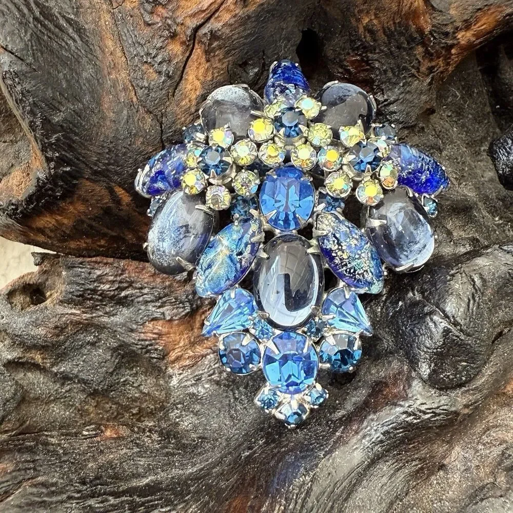 Vintage Hattie Carnegie Demi-Parure Blue Domed Cluster Cabochon AB Rhinestone